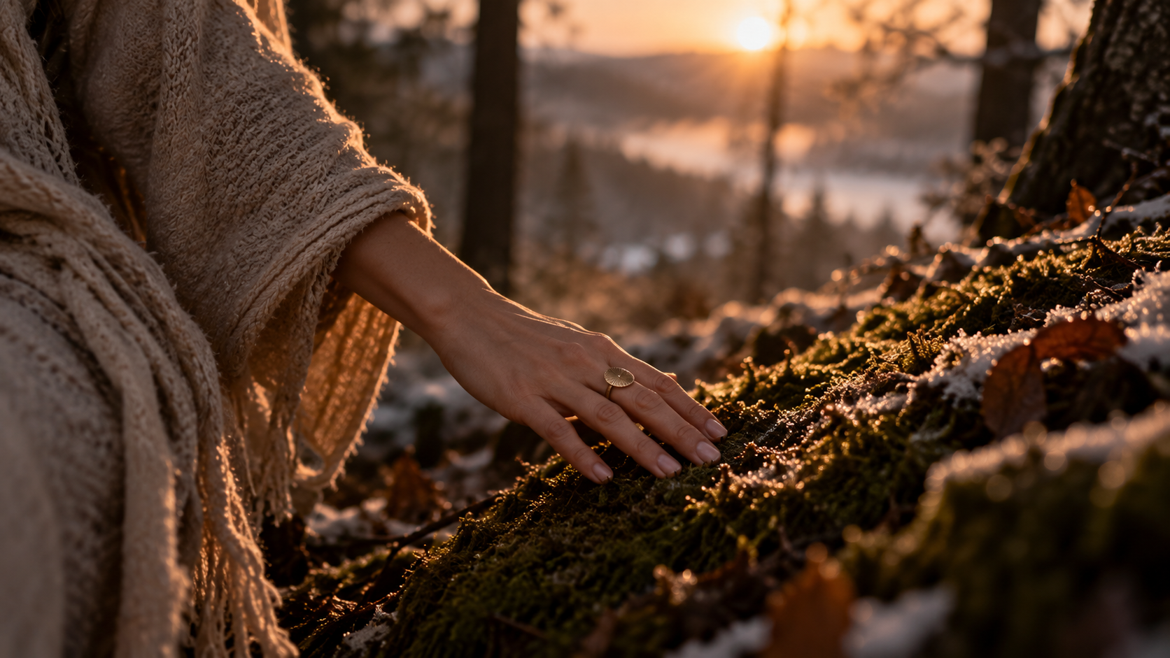 Eine Hand berührt sonnenbeschienenes Moos im winterlichen Wald